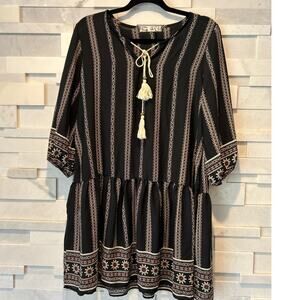 Shear Black Stripe Print Detailed Hem & 3/4 Sleeve Tassels Dropwaist Boho Dress